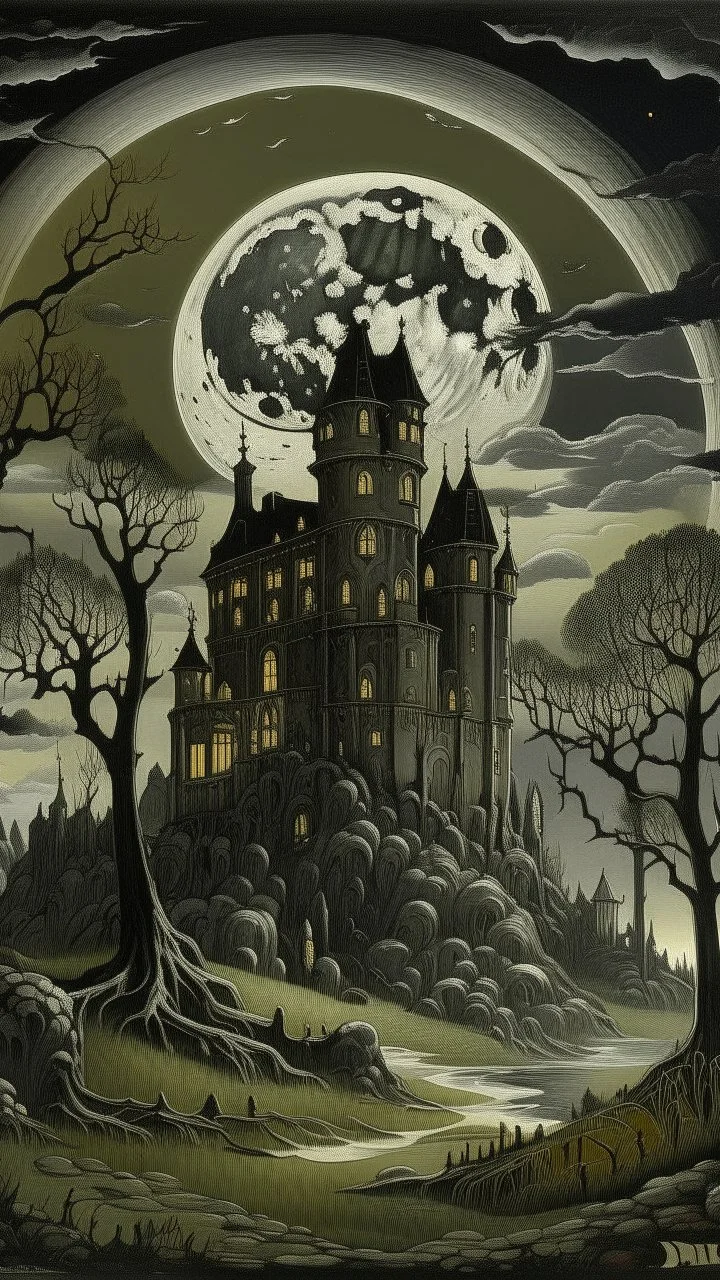 A black moldy castle under the moon painted by Edward Hicks