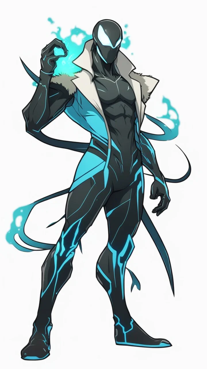 Mix between genji and venom symbiote in solo leveling shadow style with neon glowing blue