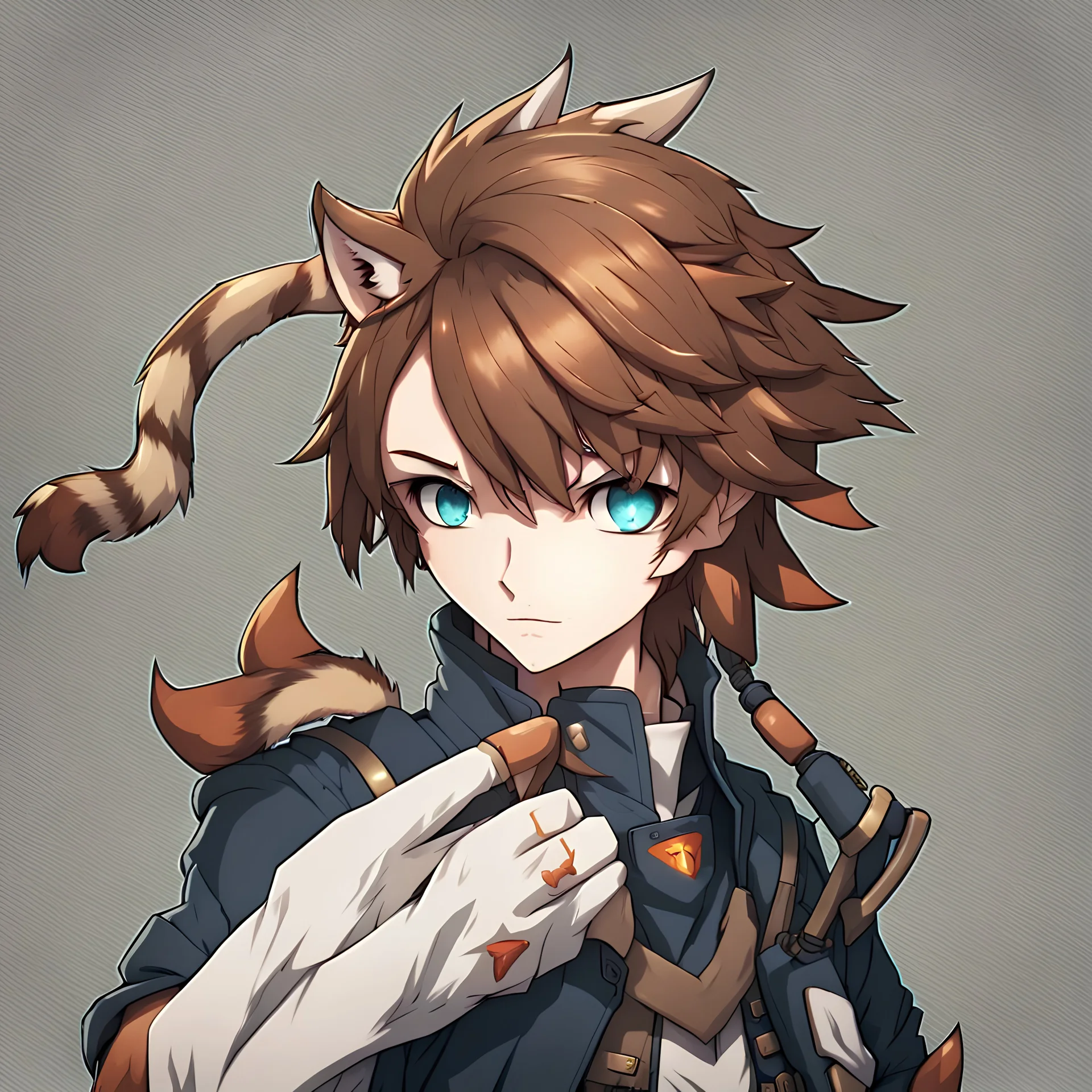 Anime portrait, anthropomorphic wolf character with fox ears and a tiger's tail, 8K resolution, ultra graphics, high quality, and detailed with lines.