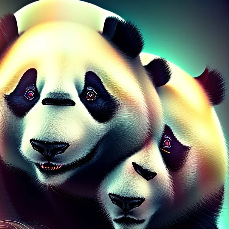 A beautiful portrait of a cyborg panda natural color scheme, high key lighting, volumetric light high details psychedelic background