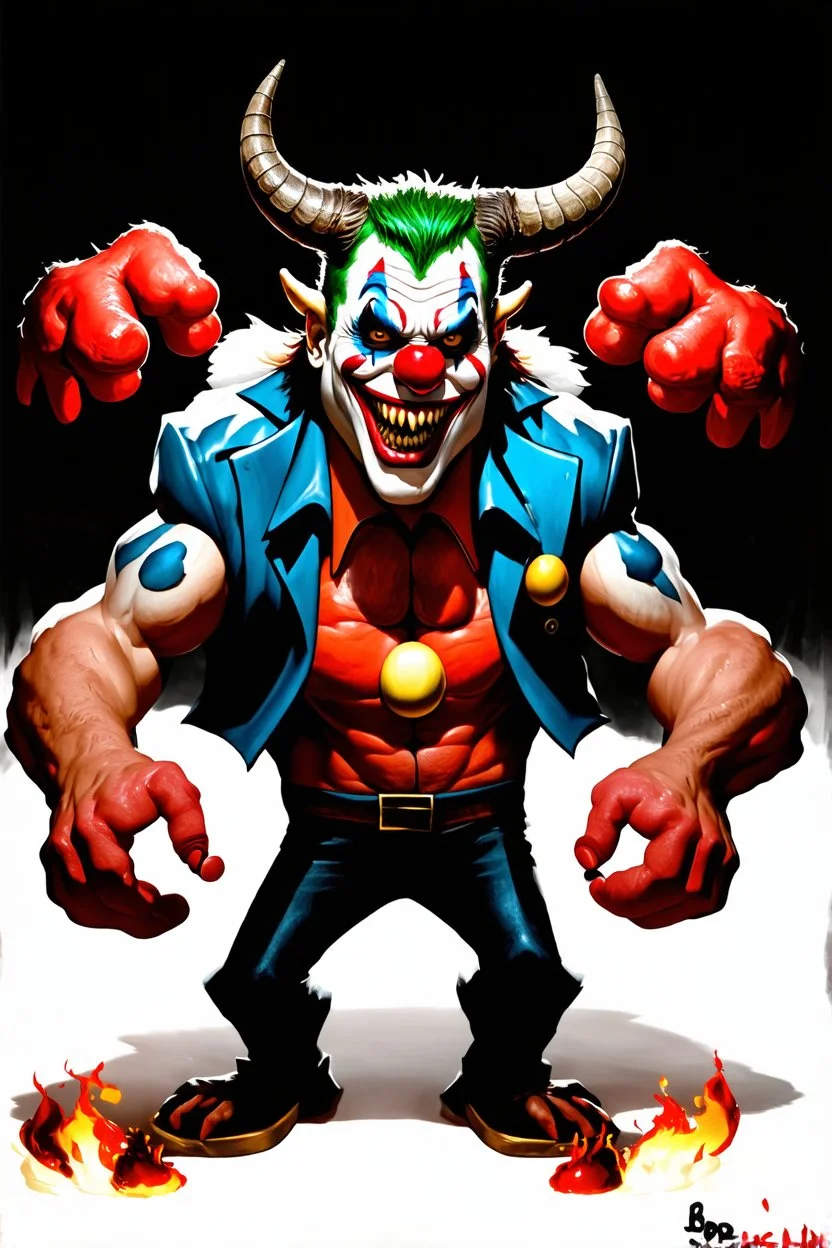 big demon, horns and big arms, wit a clown face painted, terroriffic