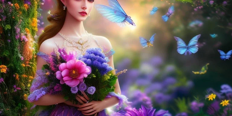 bright fairy, beautiful portrait, flowery landscape