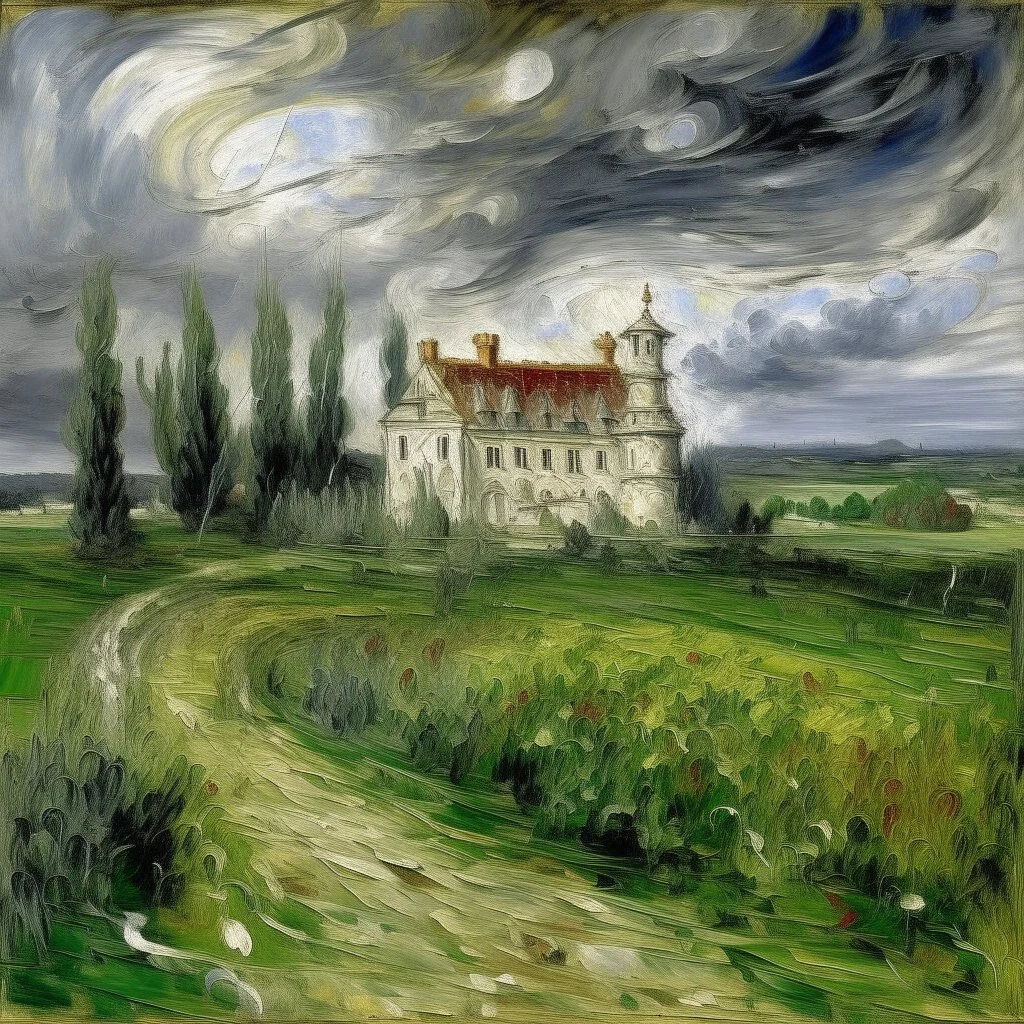 A white monastery in a tornado painted by Claude Monet