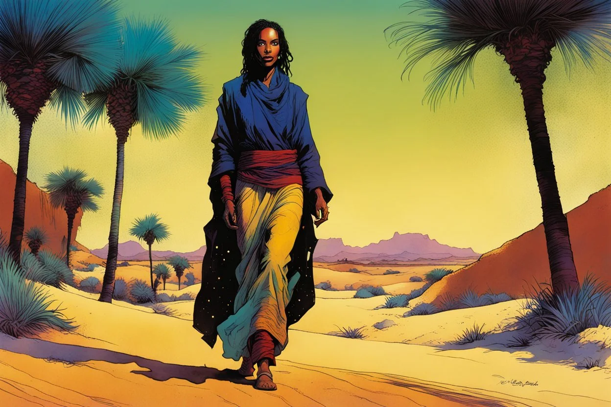 create an imaginative full body illustration of a Tuareg female, in traditional dress, with finely detailed facial features, short dreadlock hair, in a lush Saharan oasis, in the comic book art style of Bill Sienkiewicz, Mike Mignola, and Jean Giraud Moebius, finely textured, drawn, colored, and inked