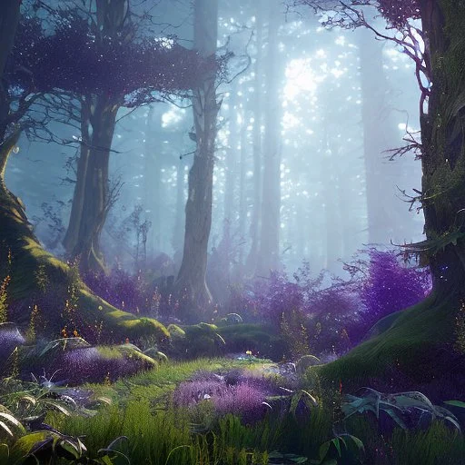 dynamic lighting, Intricately detailed, Splash screen art, deep color, Unreal Engine, volumetric lighting, purple forest,