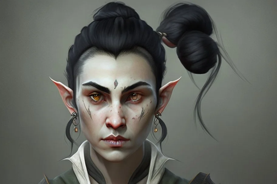 A Fantasy elf, a white male with black hair tied up in a bun, a scarred left eye. Full body