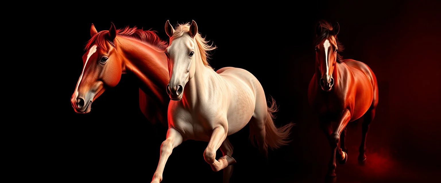 3 horses running towards the viewer, the left side horse veering to the left, the right side horse going to the right. red tones, black background