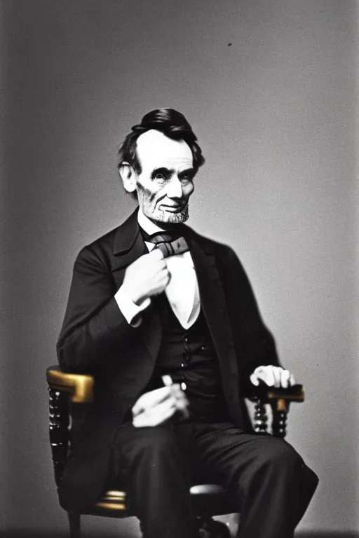 Abraham Lincoln, cleanshaven sitting in a chair with a top hat in his hand vintage photography, beautiful, Tumblr aesthetic, retro vintage style, HD photography, hyperrealism