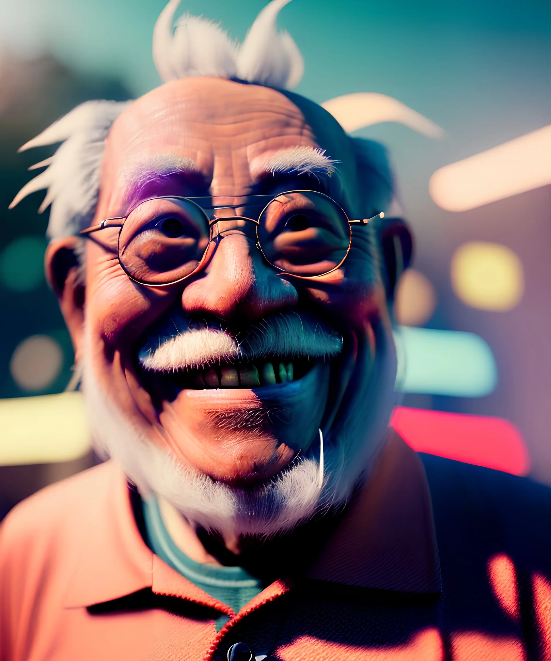 Ultra Realistic photo, medium shot view, drunken sweet happy old Asian man, carnival scene, monster hair, steampunk style. Red hair, confeti, smile, happy, festival, ovnis, gradient color fog. highly detailed, concept art, unreal engine 5, ray tracing, RTX, lumen lighting, ultra detail, volumetric lighting, 3d, finely drawn, high definition, high resolution.