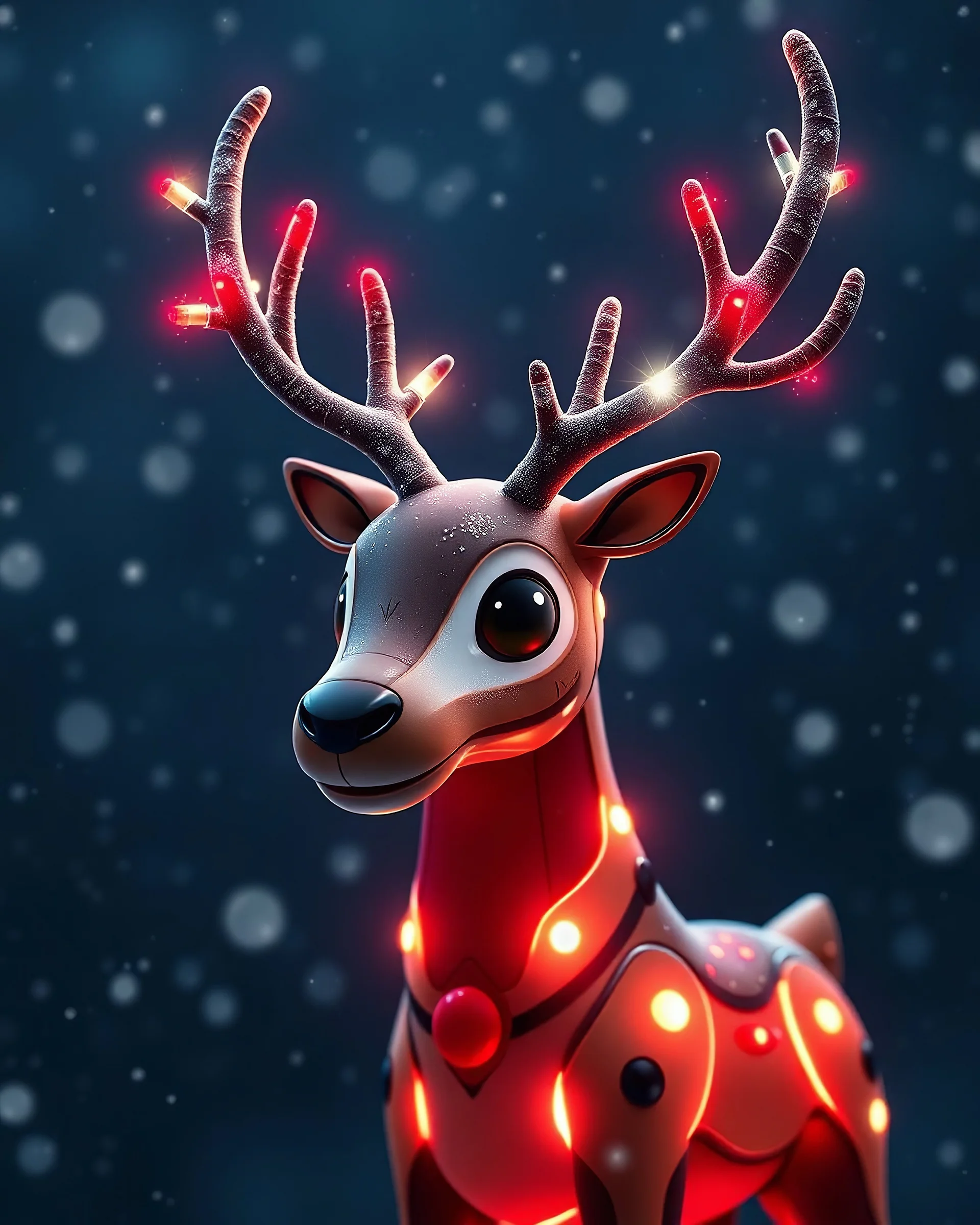 Futuristic Reindeer, has Christmas lights on his antlers. Unique cute creature style ,Full body. Dark snow background