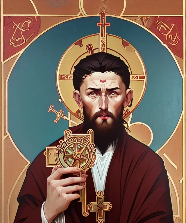 orthodox old icon with saint, patron of photographers. he is holding a camera in one hand and 35mm film in the other. Cyrillic inscriptions are the names of photographic brands. hyperdetailed, Alphonse Mucha, Zdzisław Beksiński, poster, illustration, ink, oil on canvas, 18th century atlas