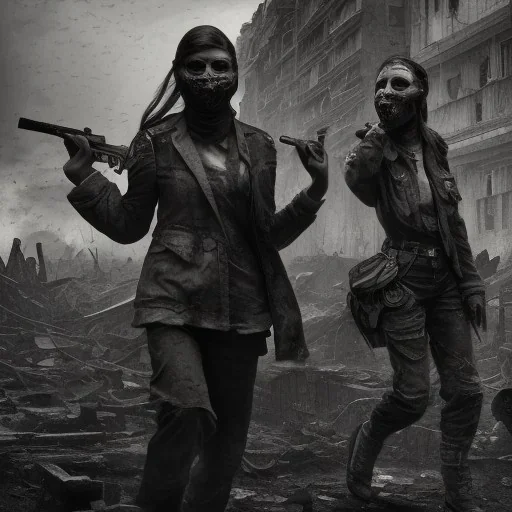 women with faces covered in black masks, ragged clothes, realistic, Life Magazine photgraphy, war-torn, destroyed city in the background, dystopian, 8k resolution, hyperrealistic, detailed matte painting, b&w, dynamic lighting, war, anarchy, rebels, terrorists