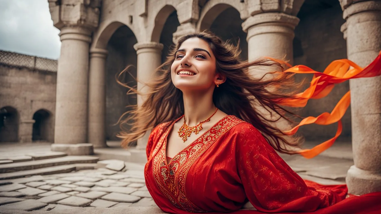 Hyper Realistic Photographic Close-Up View Of A Beautiful Young Pashto Woman With Beautiful Eyes Lips & Nose (Wearing Beautiful Red Frock With Orange Floral Patterns & Yellow-Ribbons On It Her Beautiful Long Hair Whirling In Air) Happily Whirling & Smiling Inside The Courtyard Of A Detailed-Crafted Stone-Castle At Cloudy Weather With Heavy Rainfall Showing Dramatic & Cinematic Ambiance.