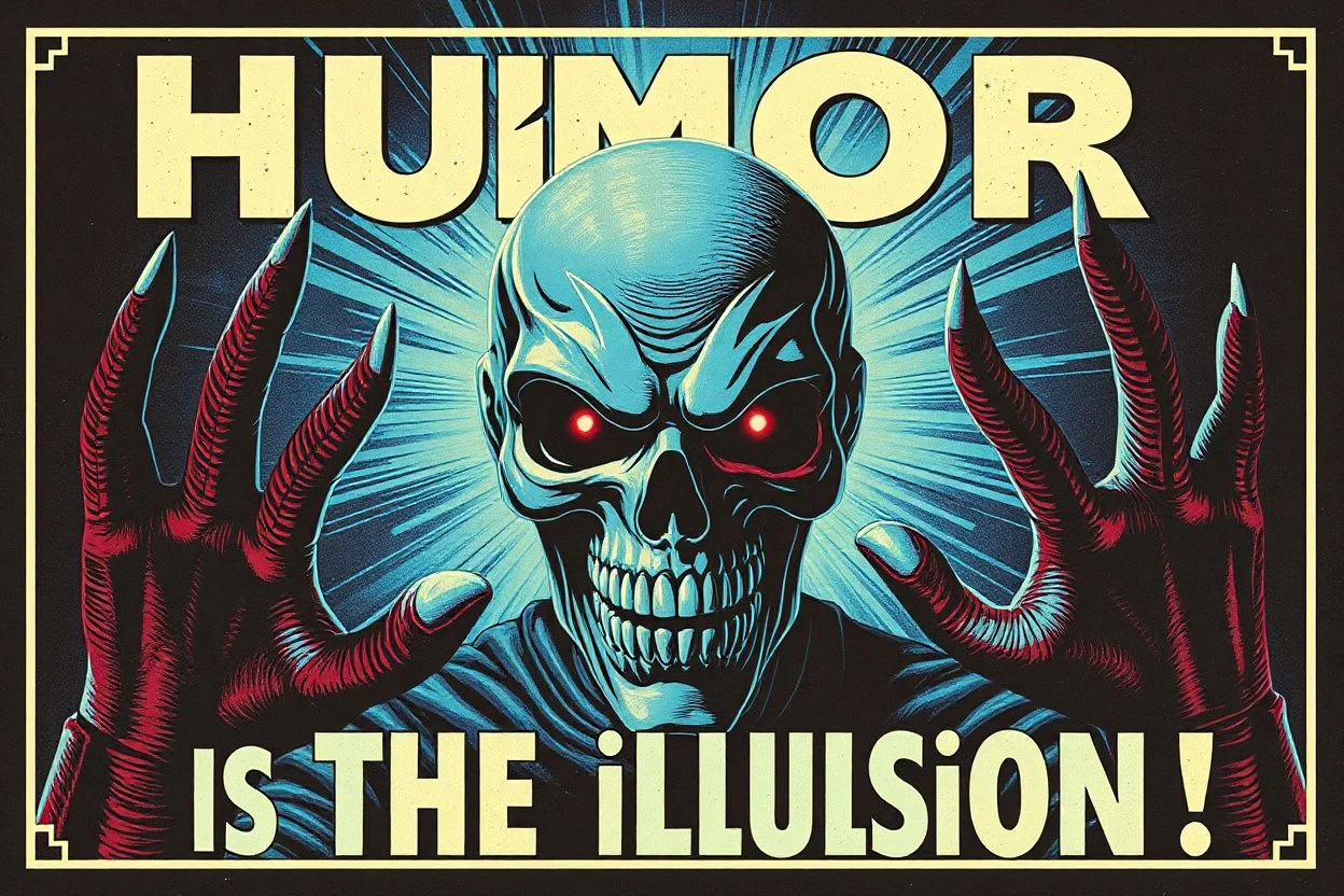 "Humor is the illusion!" propaganda poster in the style of Giger