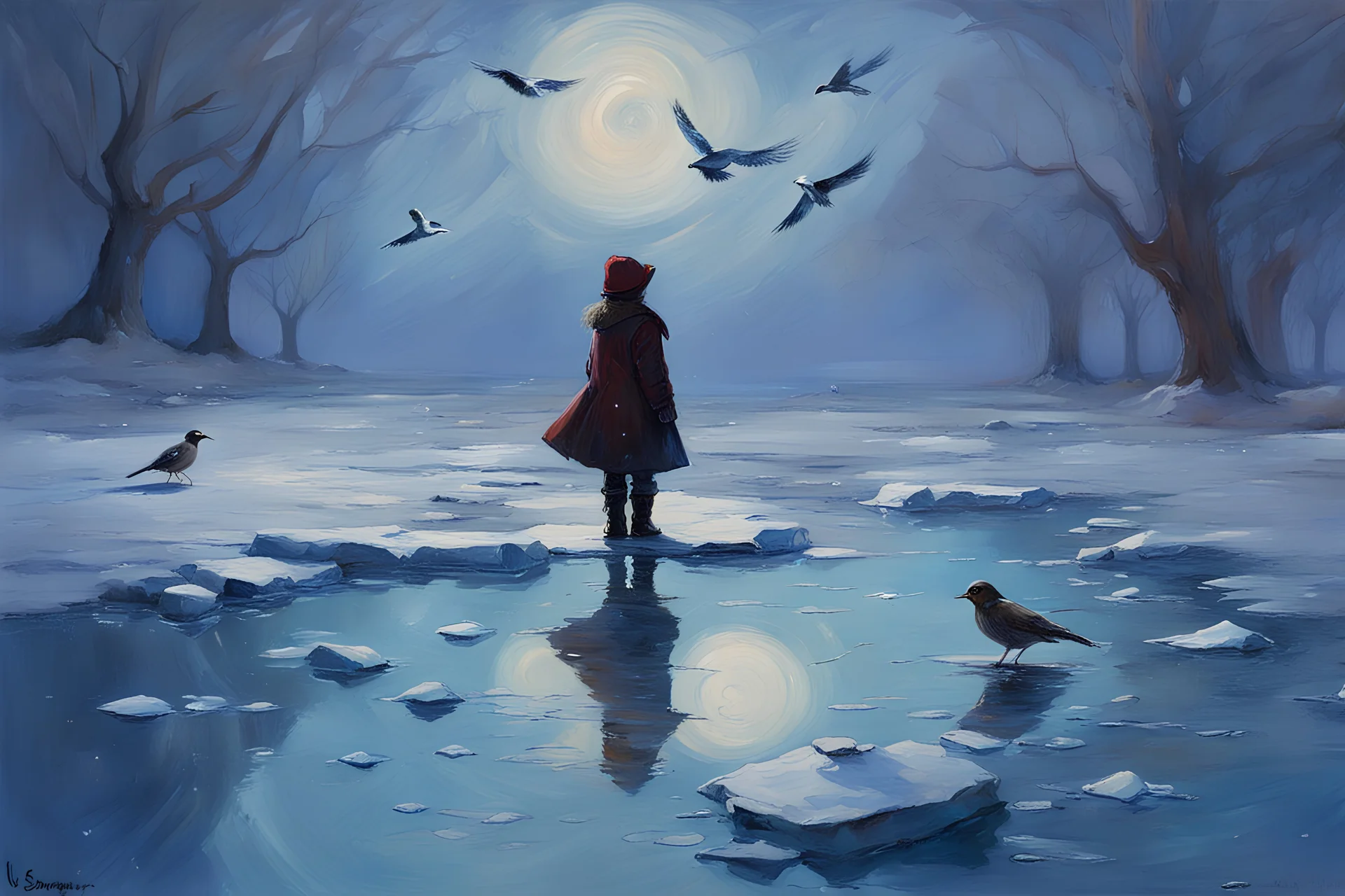 Gems, little puddle, space, person, ice, winter, flying birds, fantasy, john singer sangent impressionisn painting