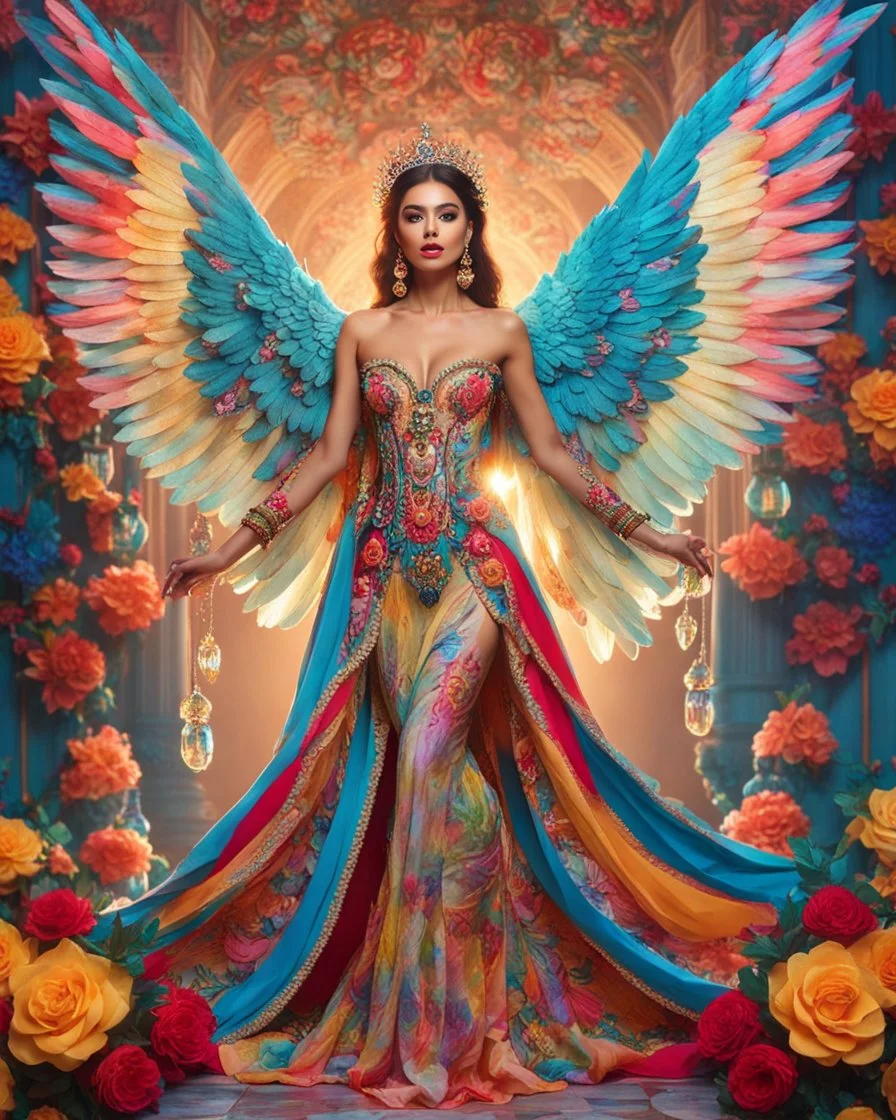 Gorgeous photography full body Beautiful super model Mexican dressing Lady Angel colorful art conceptual, amazing artwork, hyper detailed, ultra maximalist quality, 12k , close-up portrait,crystal ornaments vbackground