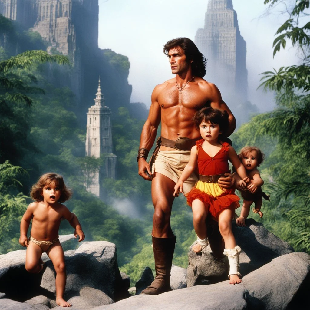 Ah, the intrepid Tarzan, Jane Porter, and their young child Korak embark on a grand adventure that rivals the epic tales of the legendary Argonauts. In this high-resolution photo captured by the esteemed Russ Meyer, the family of explorers stands poised at the bustling heart of New York, their eyes alight with the fire of wanderlust and discovery.