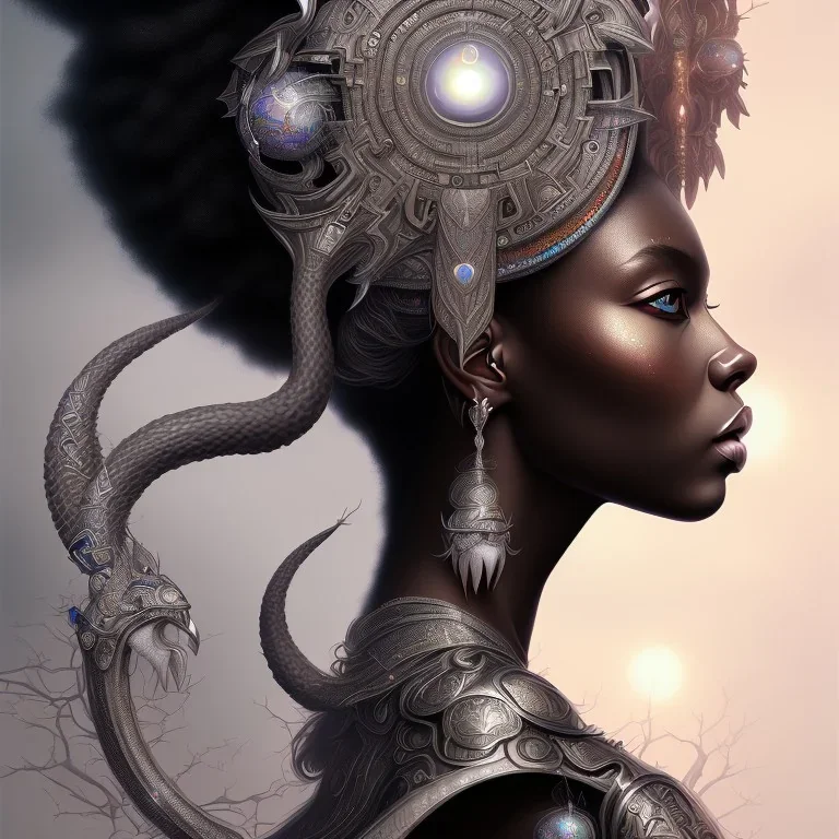 sango fantasy, fantasy magic, intricate, sharp focus, illustration, highly detailed, digital painting, concept art, matte, masterpiece head sexy view black African beauty black afro hair earth lady silver falcon head princess