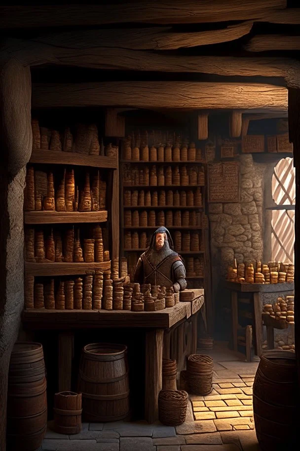 inside of a medieval shop, wooden walls, log pillars, stone desk with shop keeper behind it,