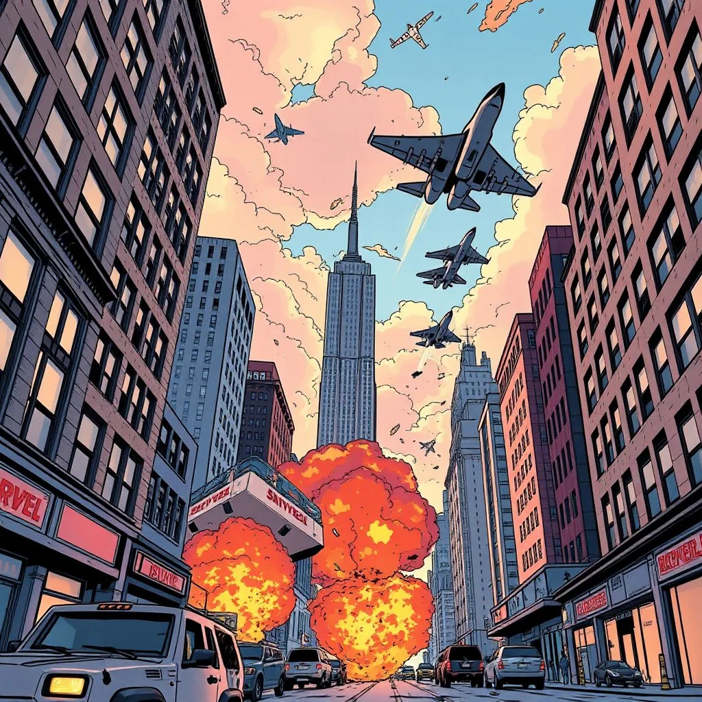 escenario de explociones en las calles e nueva york, con aviones caza volando en el cielo, con la perspectiva de abajo hacia arriba y dibujo estilo marvel comics