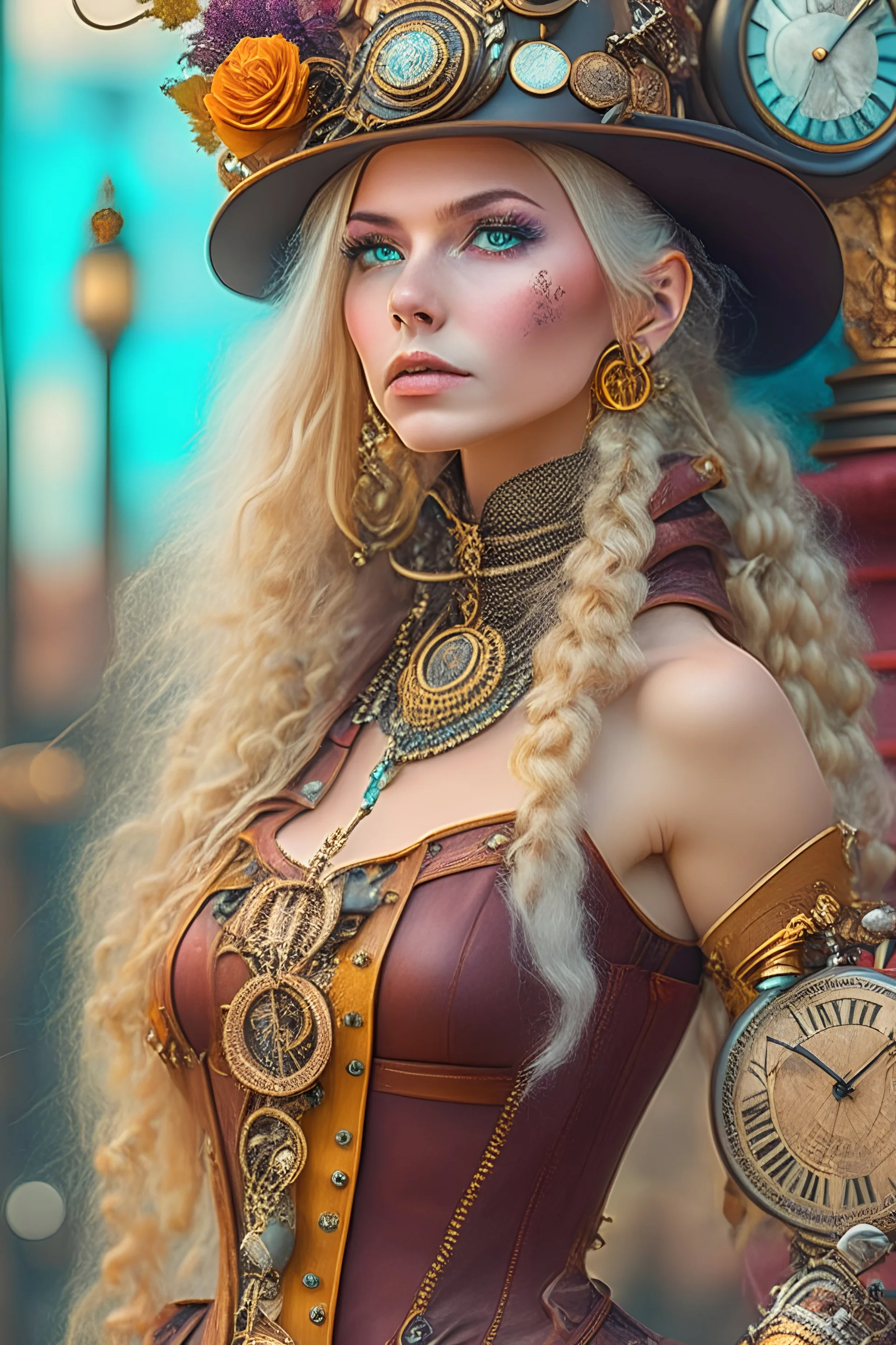 dreadlocks, 1800s,beautiful european slim blonde dreadlock steampunk girl, pale skin, leather bikini and leather corsage with steampunk ornaments (clock, gears), wearing a cylinder hat with steampunk ornaments, futuristic city street background, subtle make-up, (Extremely Detailed Eyes, Detailed Face and Skin:1.2), Ornate, (Solo:1.4), Standing, (Upper Body:1.2), Looking at Viewer, (clock, goggles, gears, round eyewear), steampunk.