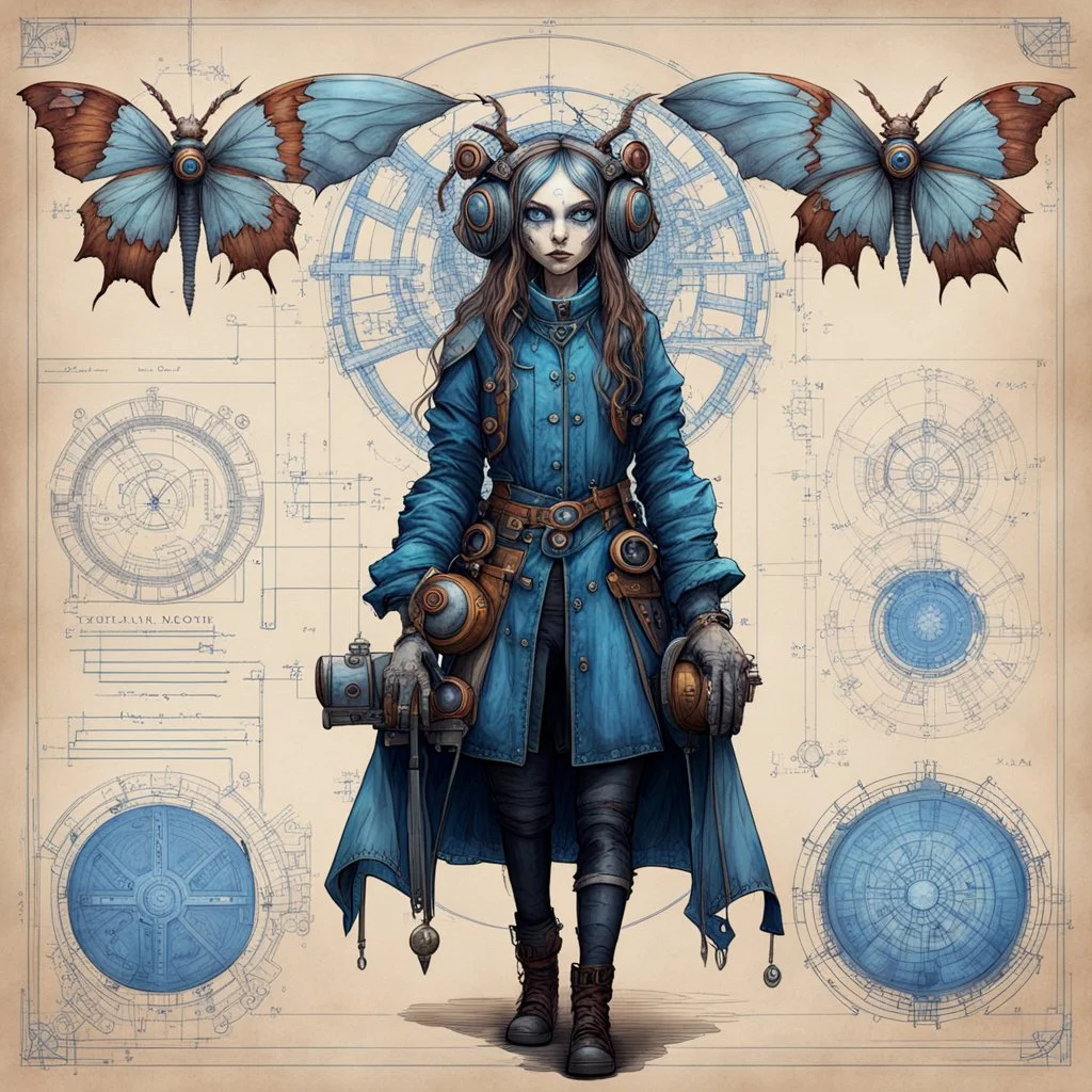 Jean-Baptiste Monge style hand drawn technical,full body portrait illustration , with detailed blueprints and engineering schematics of a walking hybrid Atlas moth insect goth girl, with highly detailed facial features with multi cellular eyes, drawings, and technical notation, 8k, vibrant natural colors