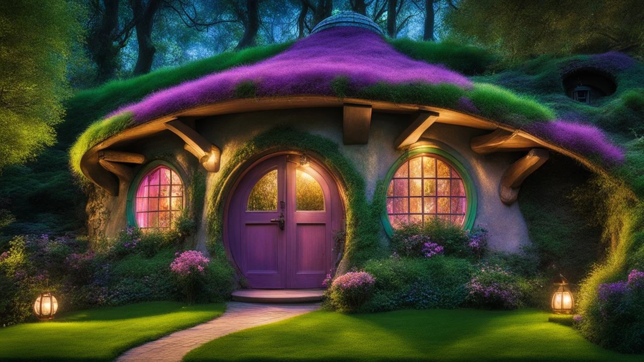 hobbit cottage in the woods surrounded by trees, night, whimsical feel, pinks, blues, purple and green colors, circular hobbit-style door with central knocker, circular hobbit-style windows, green grass roof, lanterns, starlight, chiaroscuro, quaint, homely, inviting, LOTR, Tolkien