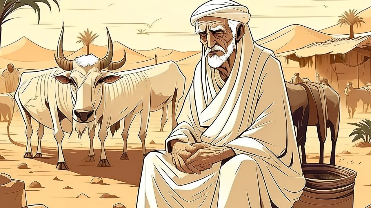 Old man, Arab, turban, white clothes, cattle, desert, council, sun, palm trees, mud houses, holding a stick, looking forward, a very slight smile.cartoon,Sitting on a chair,long beard,Mouth slightly open