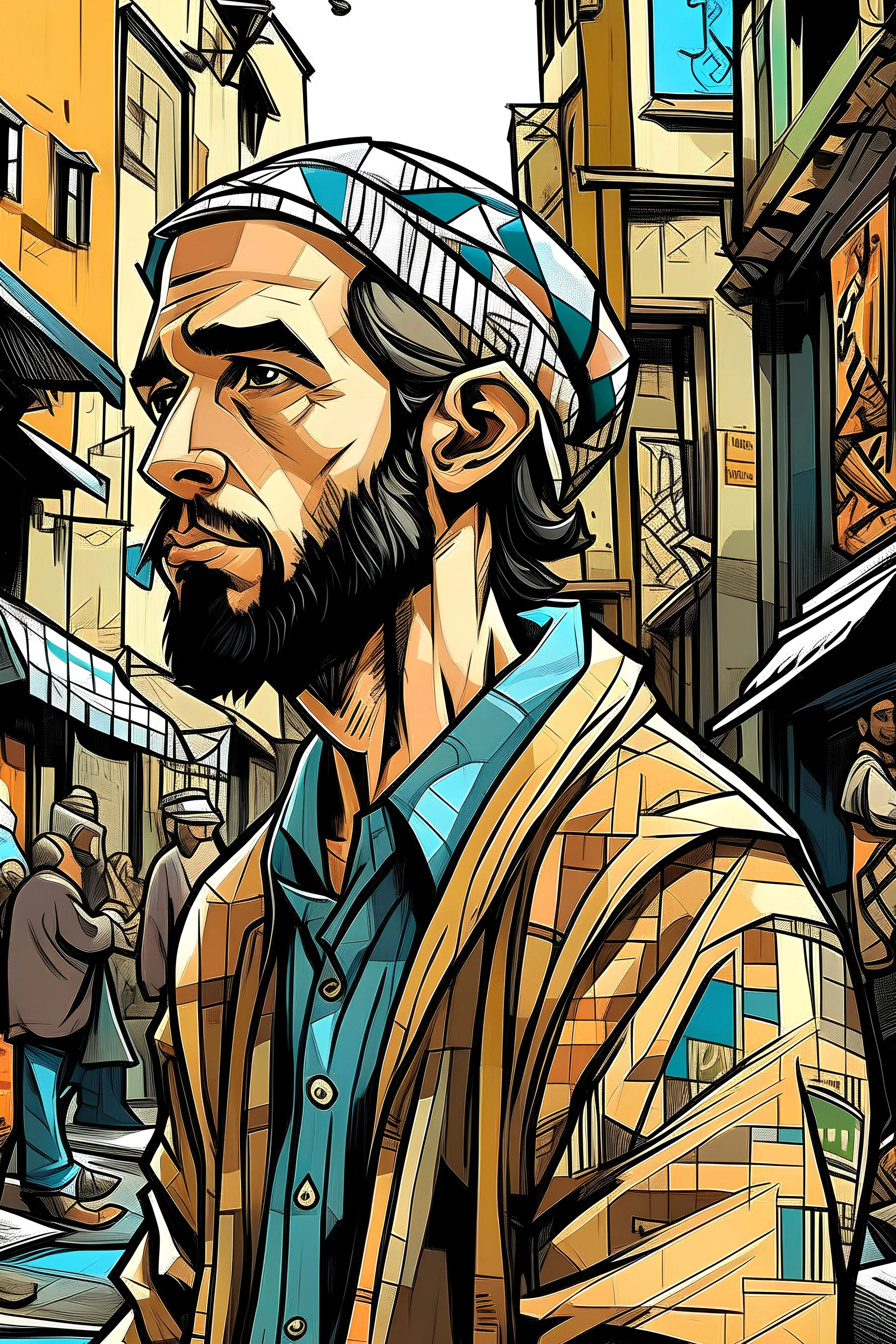 Create an artistic portrait of an Arab man with a sharp face in real style inspired by the works of famous comic artists. The man is depicted with a slightly hunched back and a wise expression. His clothing features a patchwork nude dress, which adds to his distinctive personality. Set the scene on a busy street corner, and capture the essence of urban life. The art style should draw inspiration from the works of Charles Schulz and Bill Watterson, combining classic newspaper comic aesthetics wit