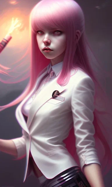 girl, cute, beautiful, pink hair, brown eyes, long hair, bangs, knife in hand, blood on face, by Greg Rutkowski, big boobs, blazer, skirt, yandere