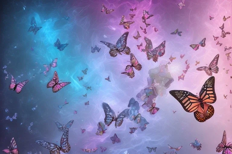 opening to the soft pink and blue crystal rise of butterflies