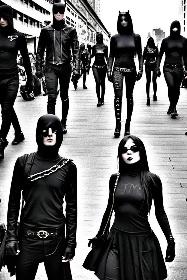 In the bustling streets of the city, a group of individuals clad in black attire creates a captivating scene. Their shared passion for hard rock music unites them, forming a tight-knit community of like-minded souls. Men and women alike, they stand out from the surrounding crowd with their distinctive style and edgy appearance. The women exude a powerful aura, challenging stereotypes with their fierce expressions and unique fashion choices. Leather jackets, black mini skirts, fishnet stockings,