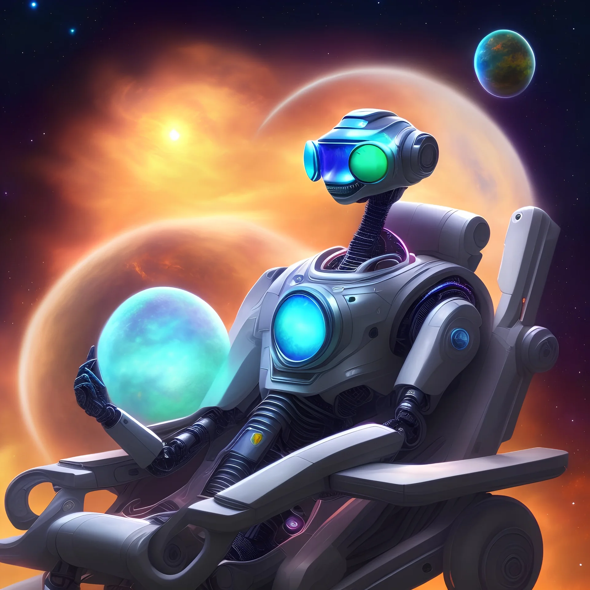 one robot alien relaxing in a rocking chair on a porch. night. big smiling face, sunglasses . nebula sky