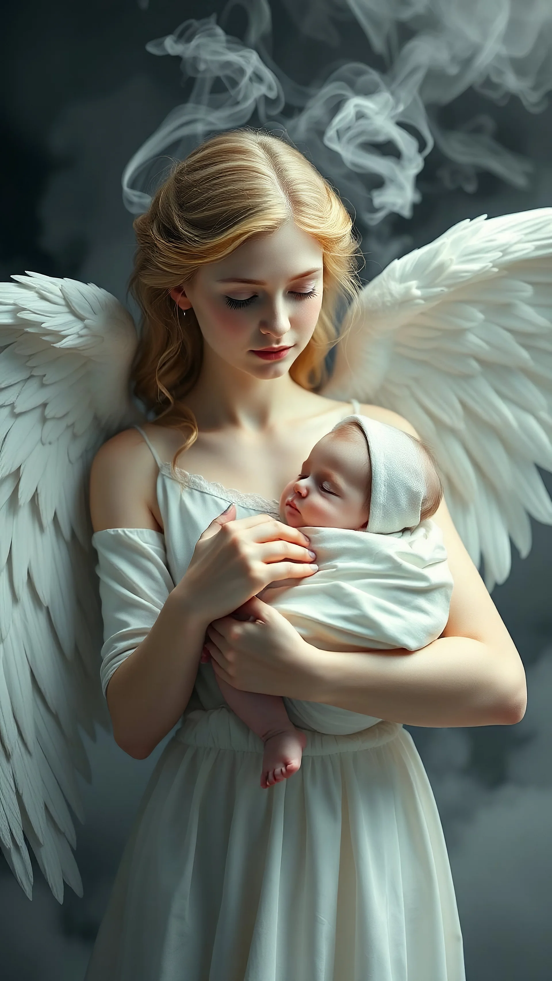 A beautiful female angle all white with wings she has a beautiful sad face carrying a beautiful baby and look at the Baby with love all white form formed from white smoke