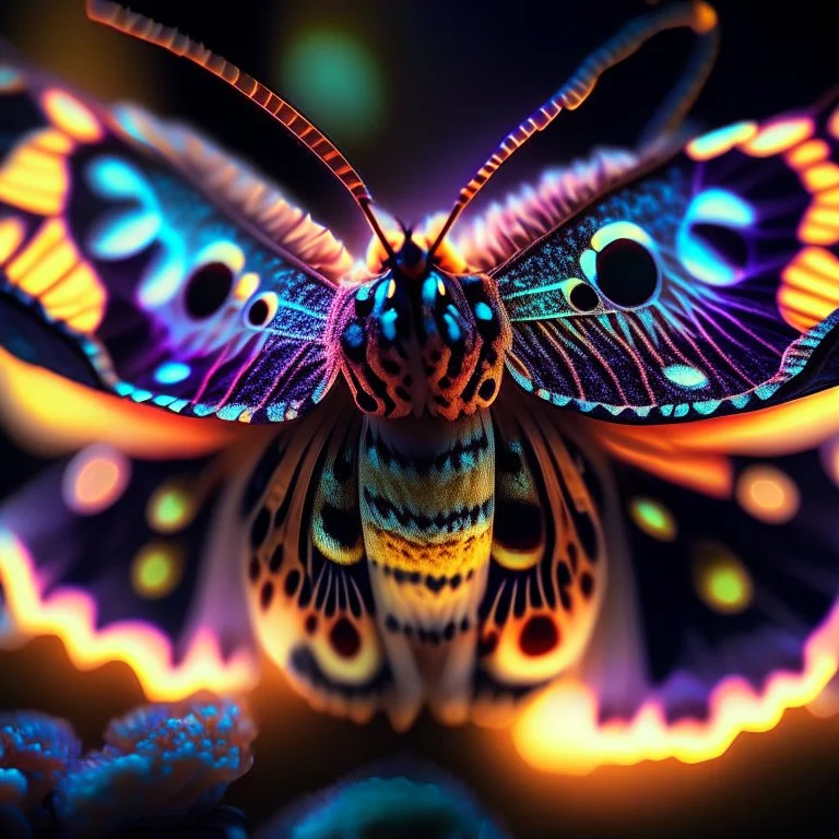 Glowing Colorful Moth 1.5mm field of view Olympus macro gear at 5:1 magnification. Modifiers: sharp focus elegant fantasy bright studio setting studio lighting photorealistic very attractive beautiful wallpaper award winning imperial colors fantastic view hyperrealistic ultra detailed 4K 3D very cute cinematic postprocessing acrylic art