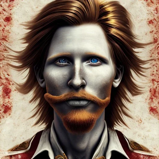 Portrait of Courtney Gains as a ruggedly handsome, joyful, roguish pirate, charismatic, attractive male, masculine, perfect teeth, precisely detailed clear eyes, softly freckled face, unblemished, flawless skin; meticulously detailed multi-hued ginger carrot colored cherry fire red hair; fantasy, intricate, elegant, highly detailed, digital painting, concept art, matte, sharp focus, illustration, art by artgerm and greg rutkowski and alphonse mucha