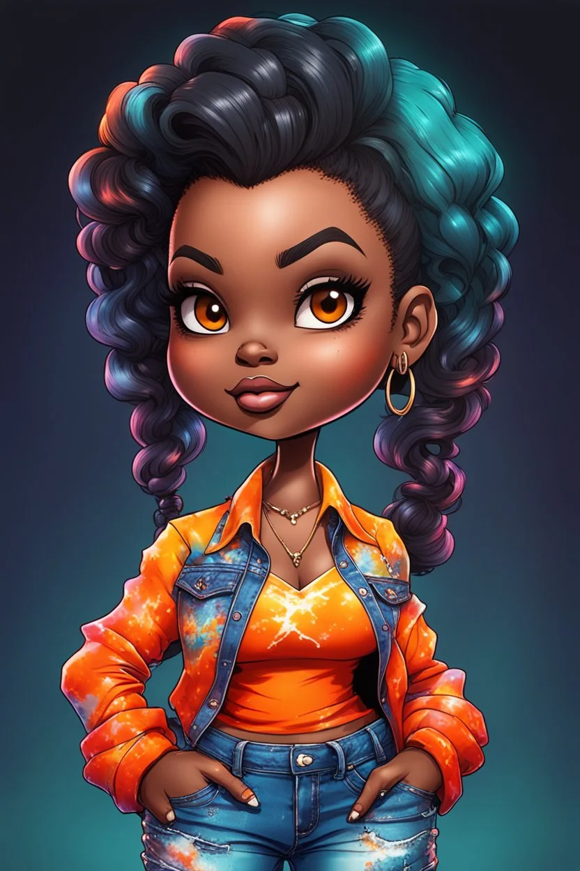 vibrant psychedelic comic book image, airbrush, 8k, cartoon art of a chibi curvy black female wearing torn jeans pants and a orange tie dye off the shoulder blouse. Prominent make up with lush lashes. Highly detailed sleek wavy ponytail