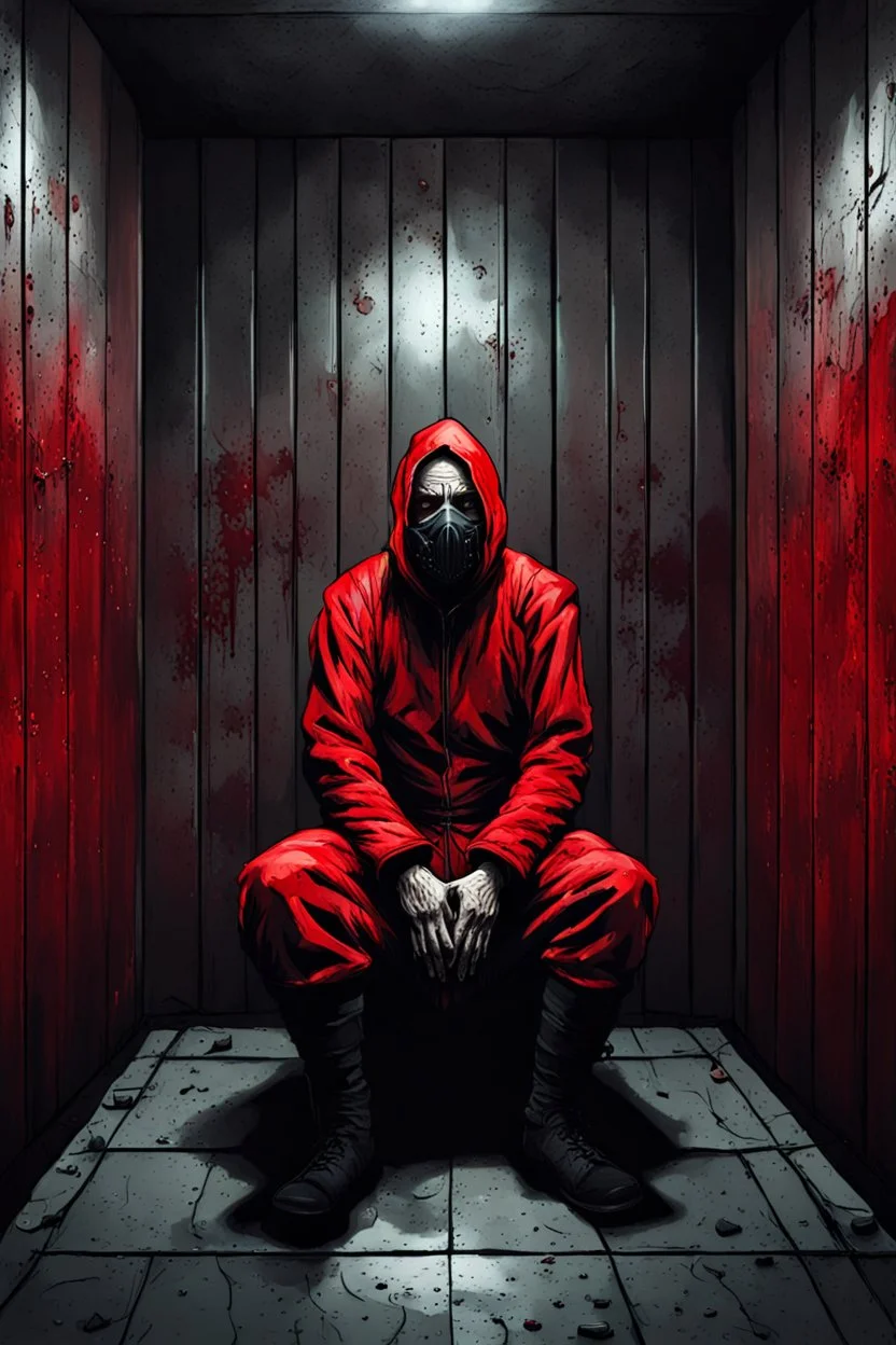 A scary gothic person sits quietly in the middle of a soundproof, padded room conveying intense dramatic emotions in a muted environment, wearing a bright red straitjacket , a mask to cover the mouth area of cannibal evil scary, dark and gothic look, cold eyes, eary ultra detailed,.32k, digital art style with messy paint, hardened sealer appearance, impasto, dramatic Arial view with explosive chaotic background