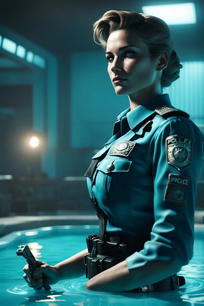 police woman in cyan pool in fallout 4 setting, bokeh, downlight, prize winning, depth of field, in the style of ivo caprino, backlight, aura