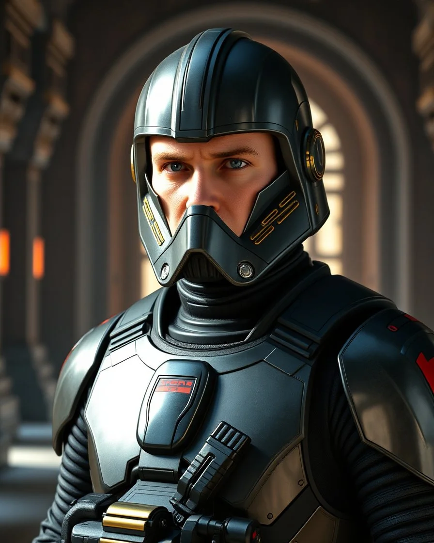 star wars bald male corellian pilot wearing pearlescent black and gunmetal grey First Order special forces heavy assault stealth commando armor and helmet with gold and metallic red trim inside the jedi temple, hyperdetailed, dynamic lighting, hyperdetailed background, 8k resolution, volumetric lighting, light skin, fully symmetric details