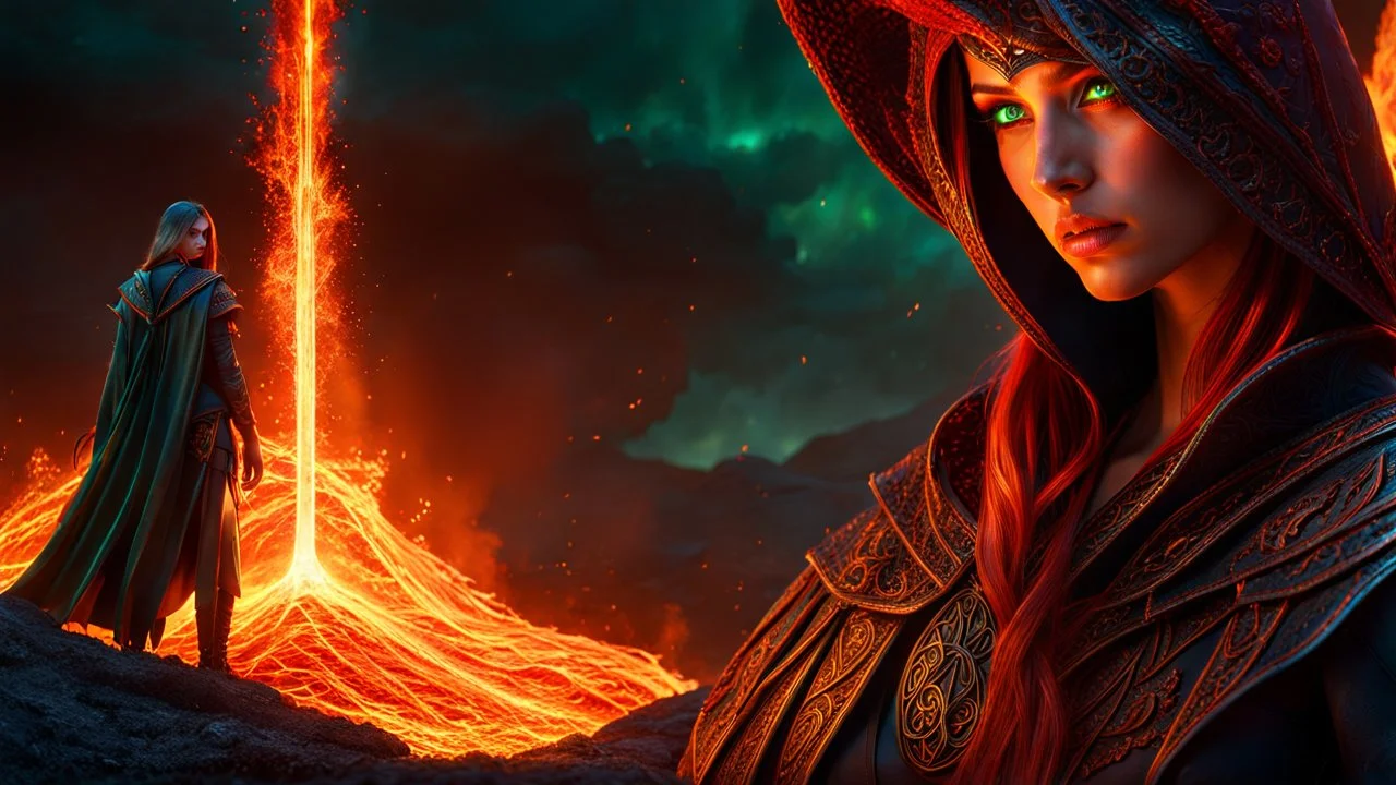 Armageddon. ragnarok. molten lava. 18 year old female sorcerer. fantastic beautiful magical green eyes. blue and orange fire. red sparks. exquisite realism, a masterpiece, fantasy concept art, dynamic lighting, hyperdetailed, intricately detailed, deep color, Unreal Engine, volumetric lighting , Epic cinematic brilliant stunning intricate meticulously detailed dramatic atmospheric maximal,