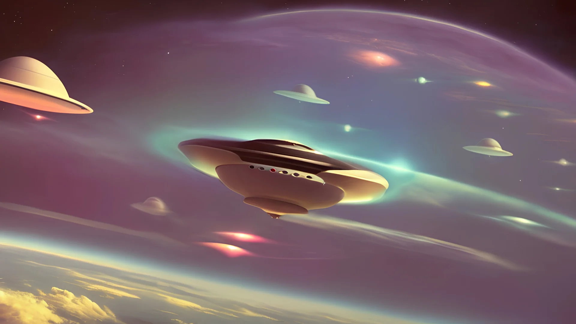 a fleet of flying saucers flying in the cosmos