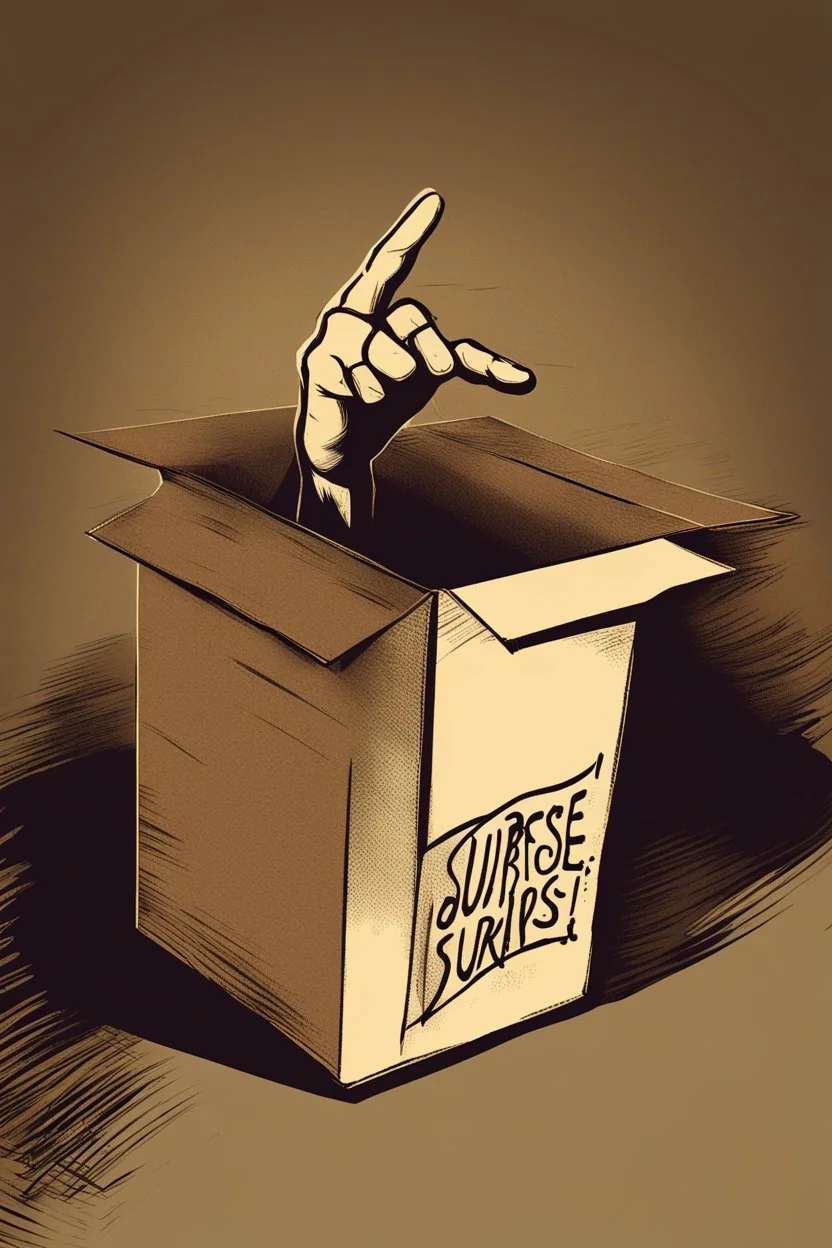 A clawed hand emerging from the top flaps of a cardboard box, the word "surprise" handwritten on the front surface. The box is in a darkened storeroom with a single light source from an ajar door.