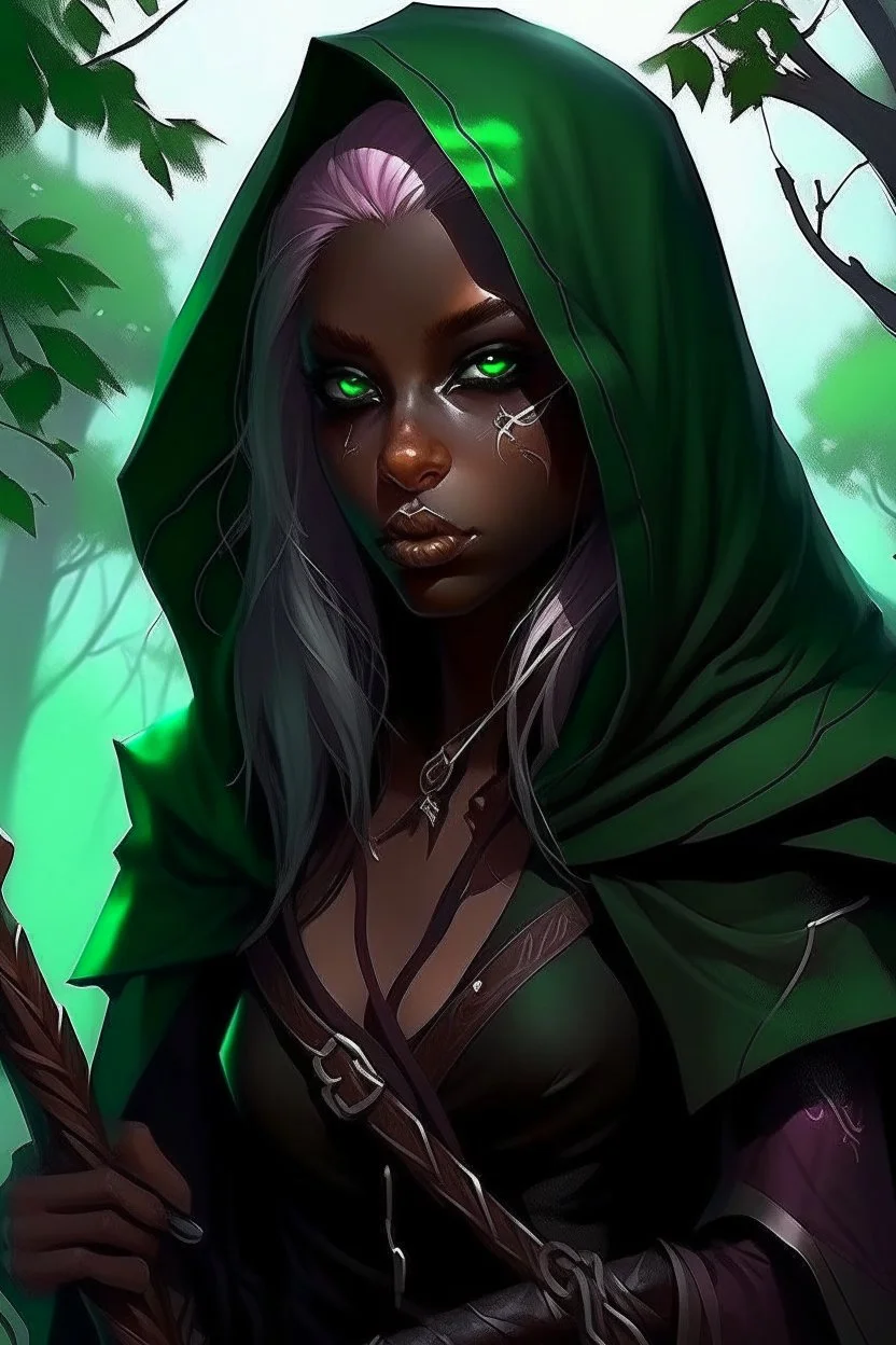 Hooded dark elf, rogue assassin, brown skin, bright green eyes, mauve hair, sneaky, trees, stoner, long bow, black leather straps, disheveled, smoking weed