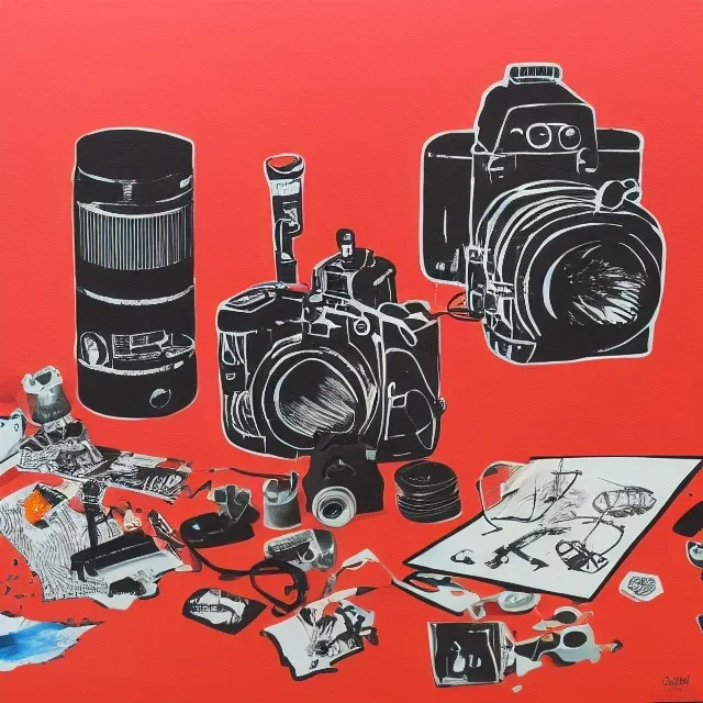 elements of photographic equipment. poster graphics. high detailed. acrylic painting and ink.