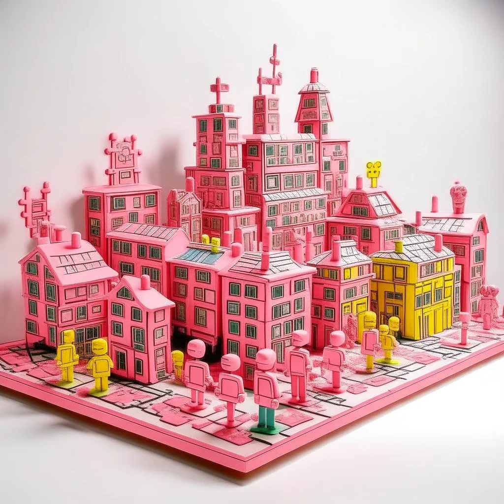 A light pink western town made out of toys painted by Keith Haring