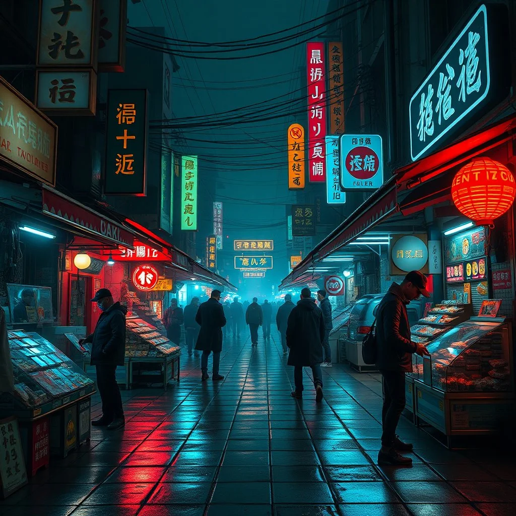 a dark market square, cyberpunk style, dodgy salesmen, dark criminal mood, cyberpunk, neon