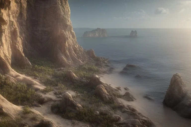 low-angle shot of a Craggy cliffside overlooking a sandy beachside, fantasy, mystical