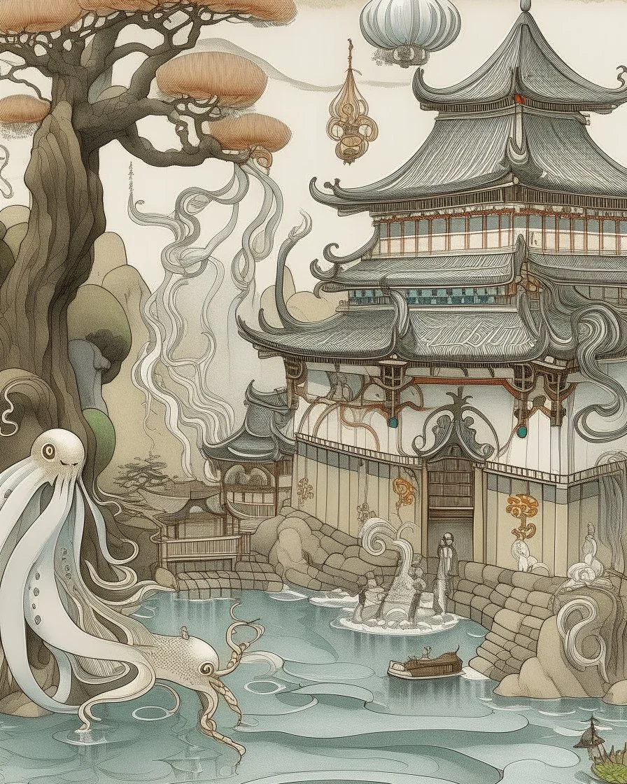 A warm gray water theme park with a squid of healing designed in Chinese paper art painted by Utagawa Hiroshige