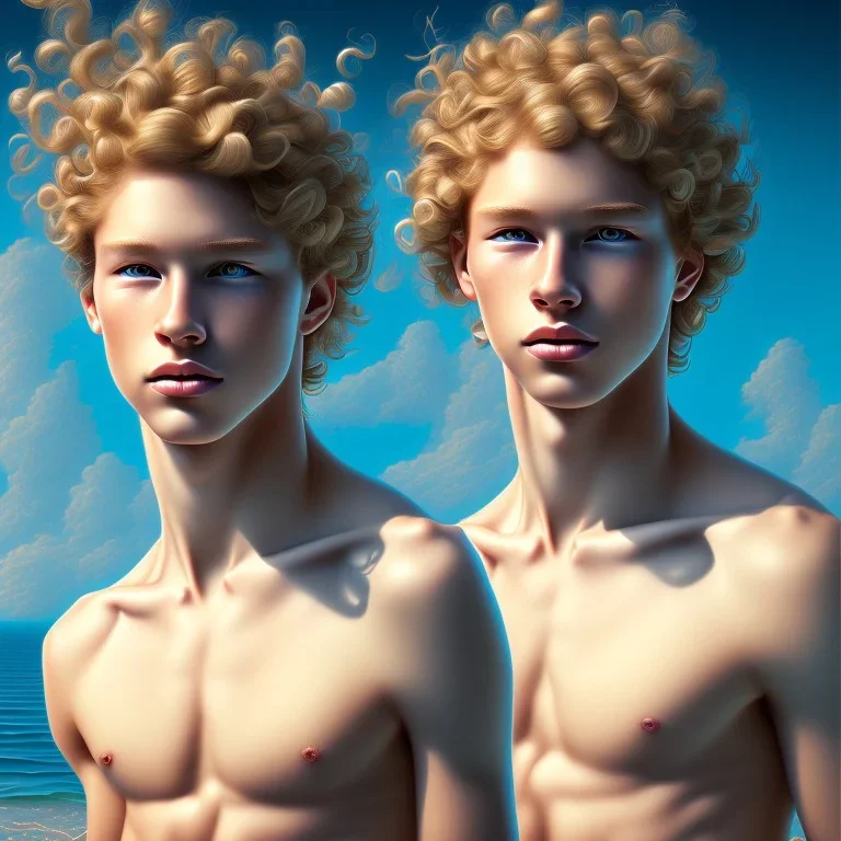 intricate, sharp focus, highly detailed, digital painting, Paul Lewin and Kehinde Wiley, full body image of a beautiful 12 year old boy with long, blonde curly hair and light blue eyes, smiling, shirtless, in front of an distant beach